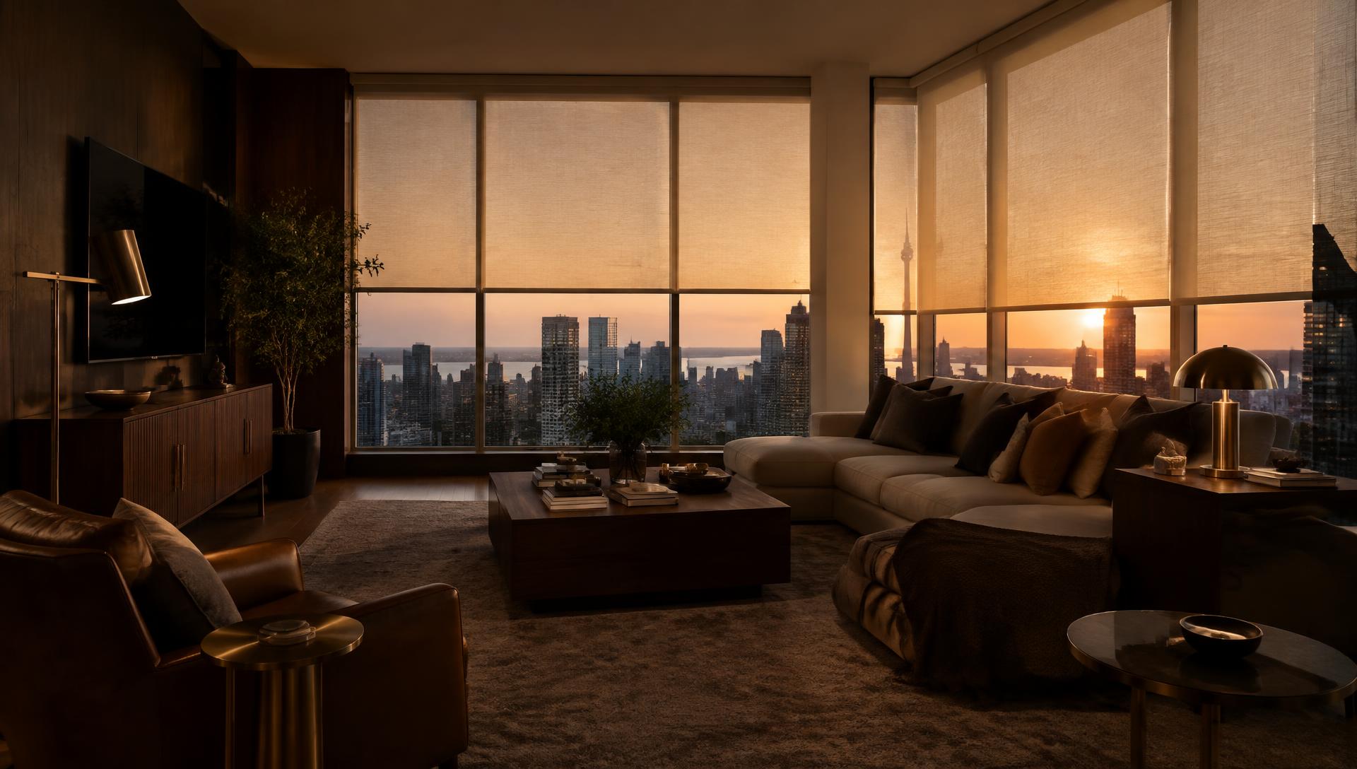 Toronto condo living room with custom roller blinds at sunset